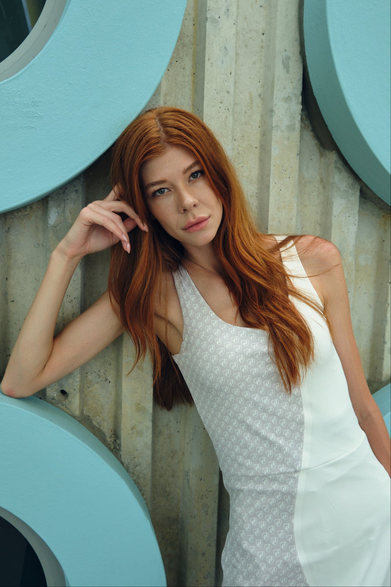FPC Signature logo tennis dress in white with light gray monogram panel