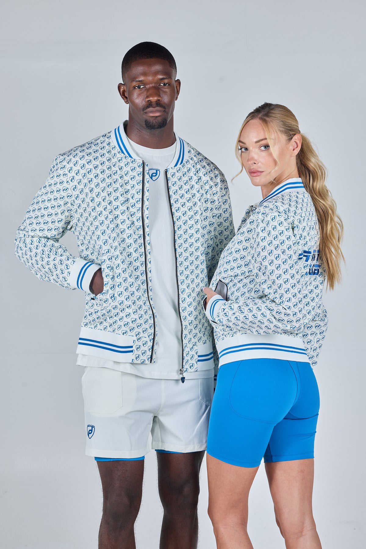 Bit Of Blue Forplayers club bomber jacket on two models, front
