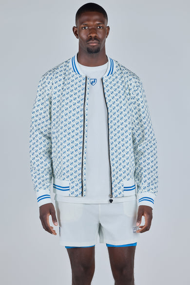 Bit Of Blue Forplayers club bomber jacket worn open, front view