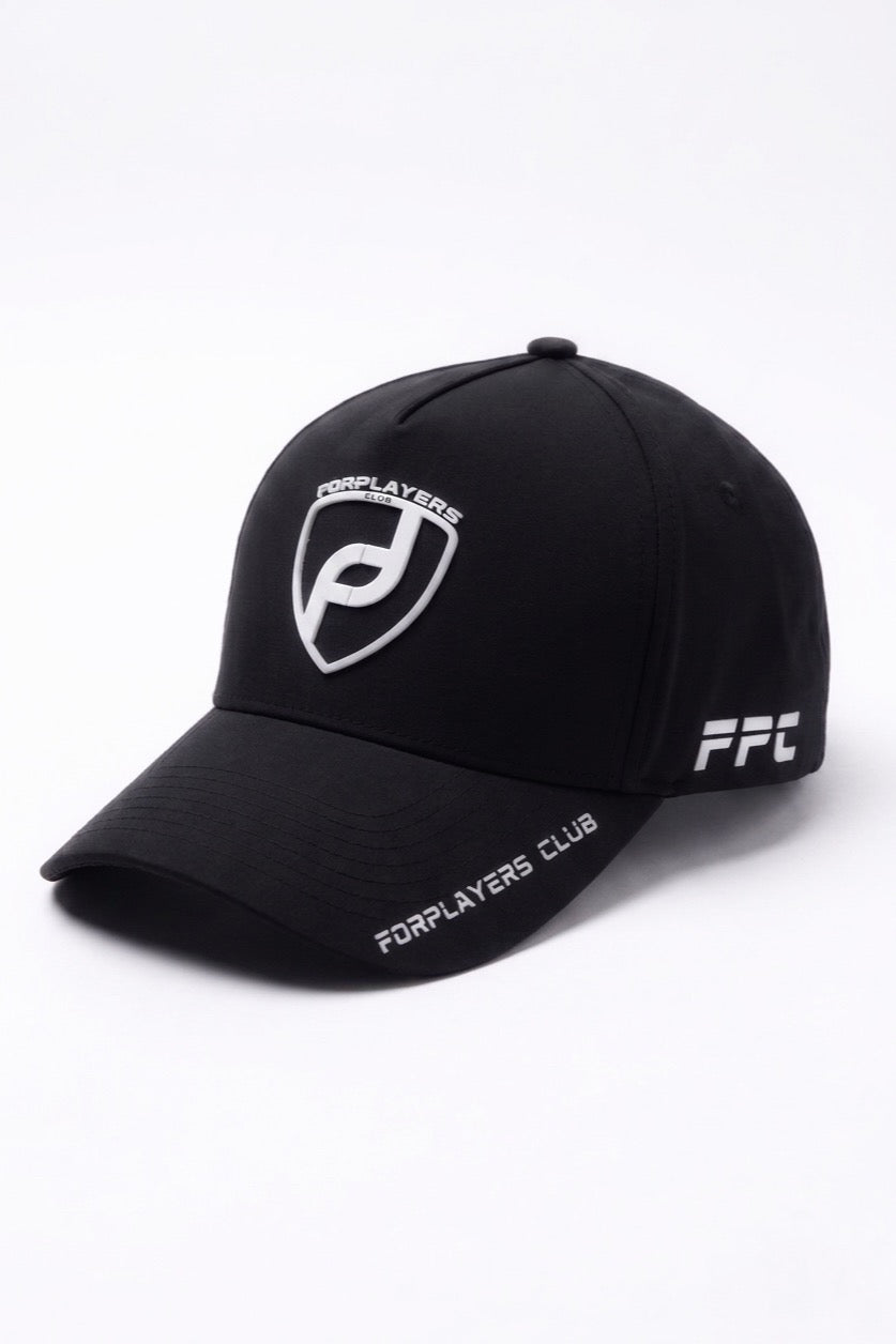 Black FPC unisex performance padel cap, front view with white Forplayers Club shield logo